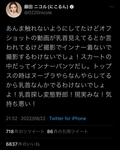 藤田ニコルさん、Twitterで乳首探し○態野郎にブチ切れる\n_1